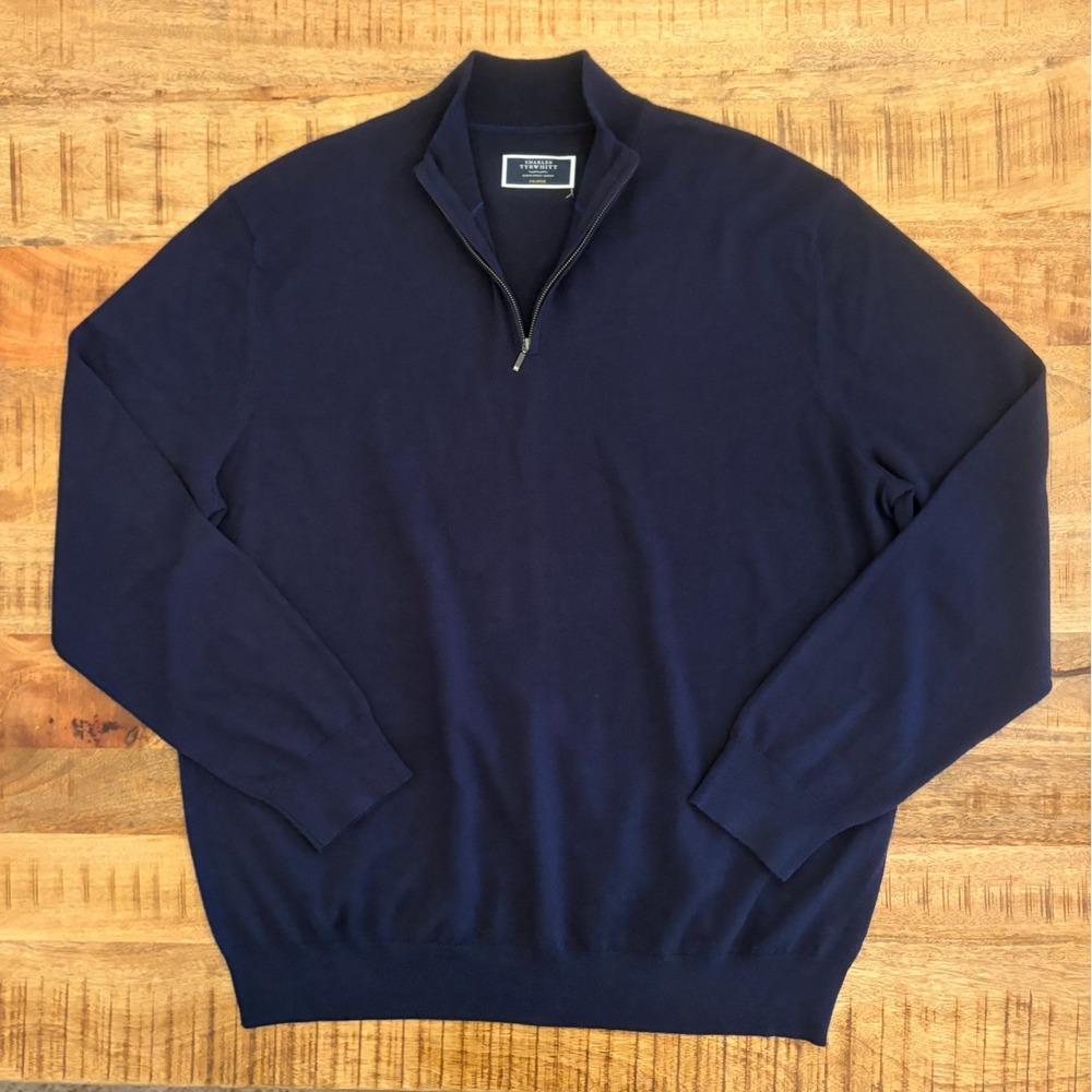 Charles Tyrwhitt Quarter Zip Pullover Mens XXL Merino Wool Navy Blue Sweater